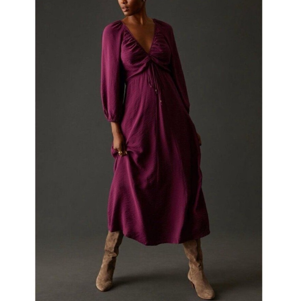 Anthropologie Maeve Deep-V Ruched Midi Dress